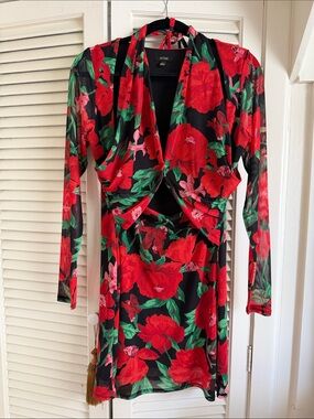 AFRM Black Red Floral Wrap Dress with Green Leaves